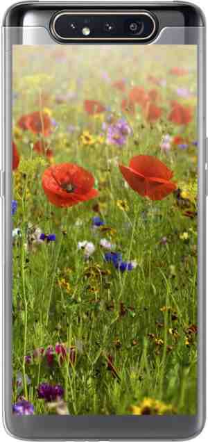 Foto: Samsung galaxy a80 hoesje   lente   bloemen   rood   klaproos   gras   groen   siliconen telefoonhoesje