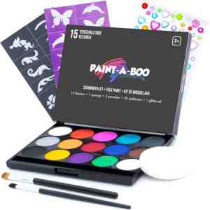 Foto: Paintaboo schminkset op waterbasis met penselen sponsje sjablonen en glitters   schmink palet voor kinderen 15 kleuren x 3 gram   halloween
