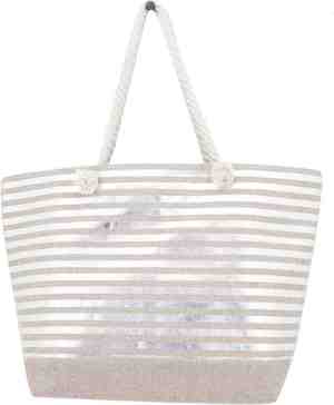 Foto: Strandtas gestreept zilver glanzend 33 x 53 cm strandshoppers boodschappentassen van polyester
