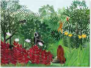 Foto: Graphic message tuin schilderij op outdoor canvas tropisch bos met apen rousseau buiten