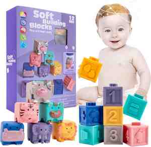 Foto: 3d touch zachte bouwblokken montessori speelgoed educatief speelgoed baby en kinderen kids silicone stapelspeelgoed set bouwblokken en dieren 12 stuks