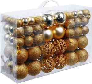 Foto: Christmas gifts kerstballen set goud   100 kunststof kerstballen   verschillende afwerkingen   346 cm
