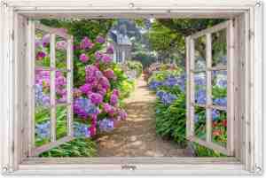 Foto: Tuinposter doorkijk raam   tuindecoratie hortensia   120x80 cm   tuinschilderij voor buiten bloemen paars   tuindoek   wanddecoratie tuin   schuttingdoek   balkon decoratie   muurdecoratie   buitencanvas tuinversiering