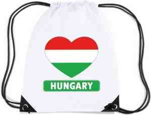 Foto: Hongarije nylon rijgkoord rugzak sporttas wit met hongaarse vlag in hart