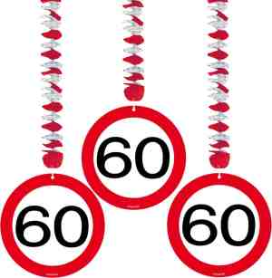 Foto: 18x stuks hangende rotorspiralen 60 jaar verkeersborden voor plafond feestartikelen versieringen verjaardag
