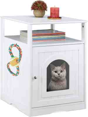 Foto: Relaxdays kattenbak ombouw witte kattenkast indoor kattenhuis kattenmeubel toilet