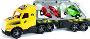 Foto: Wader autotransport truck met twee retro auto s 79 cm geel