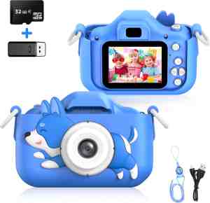 Foto: Ilona digitale kindercamera hd 1080 p 32 gb micro sd kaart fototoestel voor kinderen hond blauw