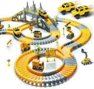 Foto: Kraanspeelgoed raceroutes speelgoed met elektrische auto flexibele treinen voor kinderen snelwegspeelset voor jongens en meisjes cadeau 2 racewagens en 6 bouwvoertuigen
