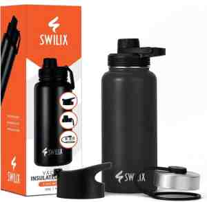 Foto: Swilix rvs drinkfles   waterfles 950ml   lekvrij   dubbelwandig   insulated thermosfles voor sport fitness outdoor   3 drinkdoppen   zwart