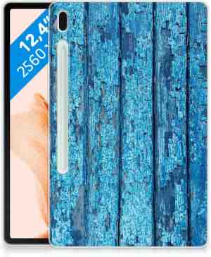 Foto: Cover samsung galaxy tab s7fe siliconen hoesje met naam personaliseren wood blue met transparant zijkanten
