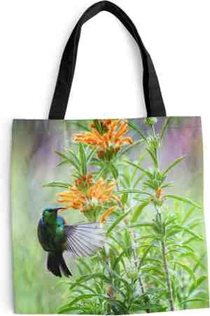 Foto: Schoudertas strandtas shopper close up van een kleurrijke vogel naast planten met oranje bloemen 40x40 cm katoenen tas