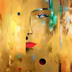 Foto: Jj art glas 80x80 vrouw gezicht goud abstract geschilderde stijl kunst woonkamer slaapkamer mens groen blauw rood bruin modern vierkant foto schilderij glasschilderij acrylglas acrylaat wanddecoratie