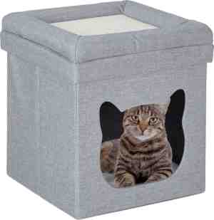 Foto: Relaxdays kattenmand poef   kattenhuis stof   kattenholletje   inklapbaar kattenmeubel