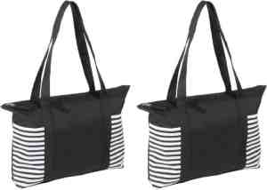 Foto: 2x stuks strandtas zwart wit met streepmotief 44 cm strandartikelen beach bags shoppers met ritssluiting