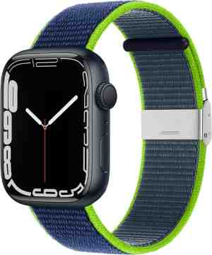 Foto: By qubix nylon bandje met klemsluiting donkerblauw met groen geschikt voor apple watch 38mm 40mm 41mm compatible apple watch bandje