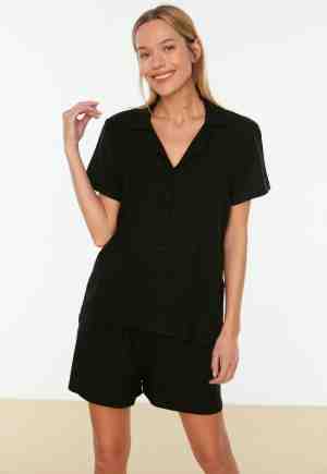 Foto: Trendyol vrouwen standaard mouw kraag zwarte viscose overhemd korte geweven pyjamaset thmss19pt0004