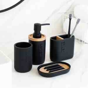 Foto: Badkamer accessoires set tandenborstelhouder zeeppomp zeepbakje flesbeker hout zwart