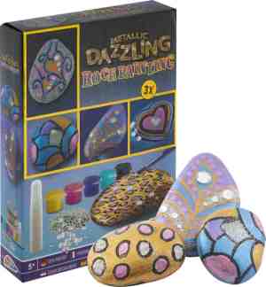 Foto: Grafix metallic dazzling rock painting   set voor happy stones met 3 stenen 5 kleuren metallic verf en diamant steentjes   creatief speelgoed voor kinderen vanaf 5 jaar   inclusief kwast en lijm 