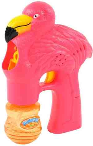 Foto: Actie  sinterklaasbellenblaas pistool buiten speelgoed kinderen buitenspeelgoed meisjes   bellenblazer   bubble gun   flamingo   met licht en geluid   incl 90 ml vloeistof en batterijen   20 cm   roze