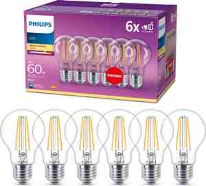 Foto: Philips energiezuinige led lamp transparant   60 w   e27   warmwit licht   6 stuks   bespaar op energiekosten