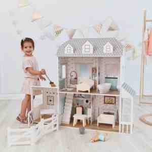 Foto: Teamson kids groot houten poppenhuis voor 12 poppen   omvat 14 accessoires   kinderspeelgoed   witgrijs
