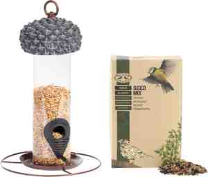 Foto: Vogel voedersilo met eikeldeksel metaalpvc 27 cm inclusief vogelvoer   vogel voederstation   vogelvoederhuisje