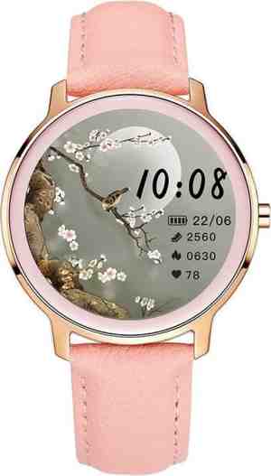 Foto: Belesy venus smartwatch dames horloge 1 inch kleurenscherm stappenteller bloeddruk hartslag maak je eigen wijzerplaat goud leer roze moederdag