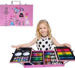 Foto: Xxl kleurkoffer voor kinderen knutselpakketten schilderskist 200 delige tekenpakketten schilderset roze meisje in milieuvriendelijke kartonnen koffer aquarel verf krijt stiften kleurpotloden en toebehoren cadeau