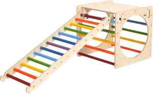 Foto: Katehaa houten activiteiten kubus met ladder regenboog klimrek montessori speelgoed