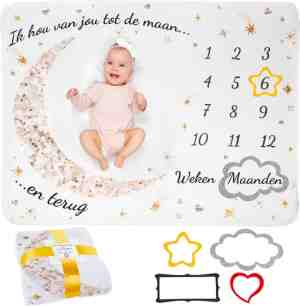 Foto: Mijlpaaldeken in nederlands milestone deken baby kraamcadeau jongen meisje inclusief frames thema maan en sterren 130 x 100 cm