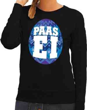 Foto: Zwarte paas sweater met blauw paasei pasen trui voor dames pasen kleding xs