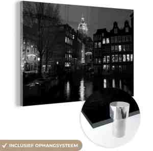 Foto: Muchowow glasschilderij weerspiegeling van lichten in een amsterdamse gracht zwart wit 180x120 cm acrylglas schilderijen foto op glas