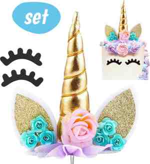 Foto: Unicorn cake topper eenhoorn versiering taart decoratie taarttopper verjaardag taart topper feestje traktatie blauw roze cake topper verjaardagstaart goud glitter