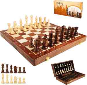 Foto: Wood chess set   houten schaakbord   39x39 cm   schaakset   opklapbaar   schaakspel   schaken 2 extra koninginnen