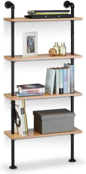 Foto: Relaxdays wandrek met 4 planken   industrieel   4 wandplanken   hout en metaal   boekenrek