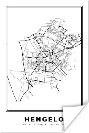 Foto: Poster plattegrond hengelo zwart wit stadskaart   kaart   nederland   20x30 cm