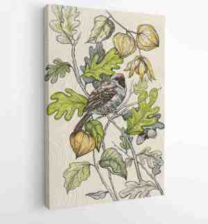 Foto: Hand tekenen illustratie met mus op een tak een kleine vogel  wenskaart  herfstcompositie met cape kruisbes op structuurpapier   moderne schilderijen   verticaal   263743640   40 30 vertical