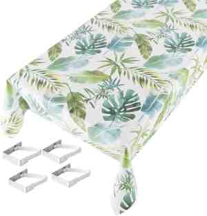 Foto: Buiten tafelkleed tafelzeil botanische print wit groen 140 x 245 cm met 4 tafelkleedklemmen tuintafelkleed tafeldecoratie