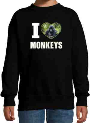 Foto: I love monkeys sweater met dieren foto van een gorilla aap zwart voor kinderen cadeau trui apen liefhebber kinderkleding kleding 110 116