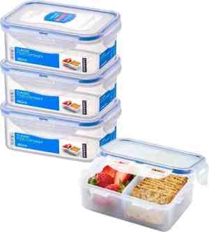 Foto: Locklock snackdoosjes   bento box   snackbox   vershoudbakjes set met deksel   diepvriesbakjes   diepvriesdozen   vershouddoos   3 compartimenten vakjes   volwassenen en kinderen   lekvrij   bpa vrij   transparant   460 ml   set van 4 stuks