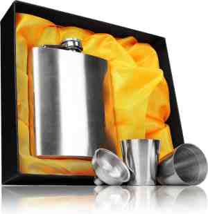 Foto: Hoogwaardige zakfles van roestvrij staal inclusief vulrechter en twee drinkware in mooie cadeaubox met schroefdeksel