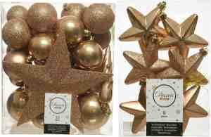 Foto: Kerstversiering kunststof kerstballen en hangers camel bruin 5 6 8 cm pakket van 39x stuks met ster vorm piek van 19 cm