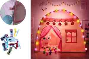 Foto: Speeltent xl met led verlichting en clips   tent   roze