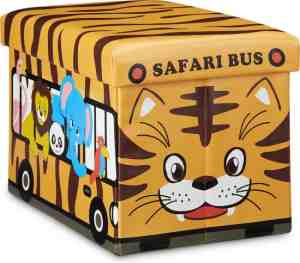 Foto: Relaxdays poef met opbergruimte voor kinderen   speelgoedkist   kinderhocker   met print   safari bus