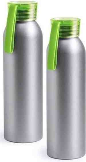 Foto: 2 x aluminium drinkfleswaterfles met groene dop 650 ml sportfles sportbidon