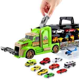 Foto: Allerion dinosaurus auto xl speelgoedset   13 delig inclusief opbergkoffer met dinosaurussen voertuigen en een speelmat