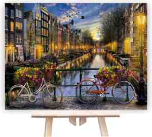 Foto: Schilderen op nummer volwassenen   do it yourself paintings   amsterdam   grachten   fietsen   brug   gebouwen   stad   water   nederland   40x50 cm   canvas