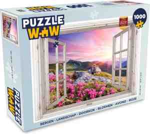 Foto: Puzzel bergen   landschap   doorkijk   bloemen   avond   roze   legpuzzel   puzzel 1000 stukjes volwassenen