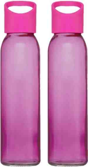 Foto: 4x stuks glazen waterfles drinkfles transparant roze met schroefdop met handvat 500 ml sportfles bidon